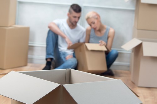 Packing materials and labeled boxes prepared for a Southkensington move